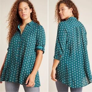 Anthropologie Maeve Monika Tunic Top Womens S Teal Floral Oversize Roll Tab Boho